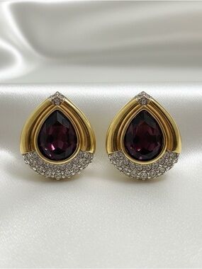 Vintage Swarovski Gold Teardrop Earrings with Deep Purple & Pavé Crystals